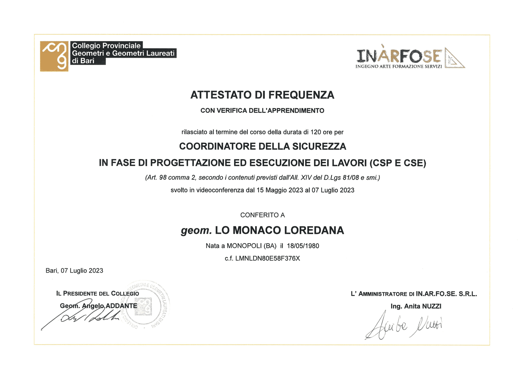 abilitazione coordinatore sicurezza cantieri - Geometra Loredana Lo Monaco - Genova